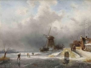 Figures Skating On Ice Near A Windmill by Charles Henri Leickert