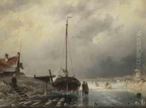 A Winter Landscape With A Boat And Villagers, A Windmill On The Right by Charles Henri Leickert
