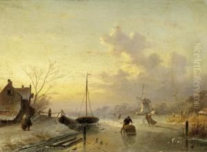 Winter Scene By The River by Charles Henri Leickert
