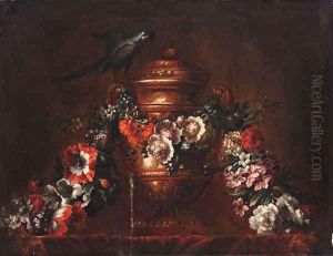 A bronze vase with a string of flowers and a parrot