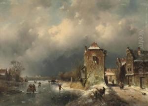 A Village With Skaters On A Frozen Waterway