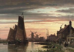 A Townscape With Windmills Beyond by Charles Henri Leickert