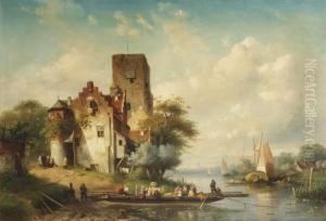 Mooring The Ferry Near A Town In Summer by Charles Henri Leickert
