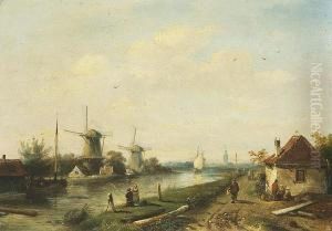 A View Of A Canal With Figures In Theforeground by Charles Henri Leickert
