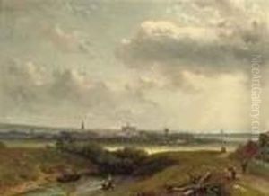 Figures Conversing Along A Country Path, A Dutch Town In Thedistance Figures Conversing Along A Country Path, A Dutch Town In Thedistance