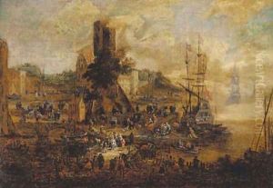 A quayside with numerous figures