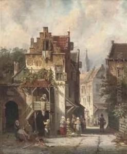 A Bustling Dutch Street Scene by Charles Henri Leickert