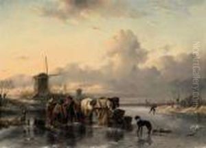 Tending To The Horses On A Frozen River by Charles Henri Leickert