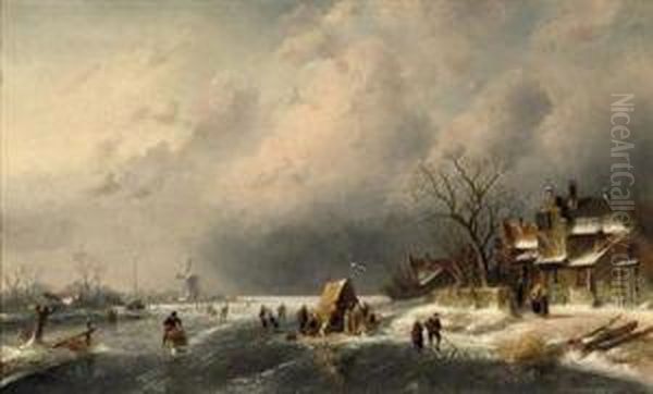 Numerous Skaters Near A Koek-en-zopie On A Frozen Waterway - view 1