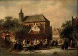 Market Day Near A Church On A Sunny Day by Charles Henri Leickert