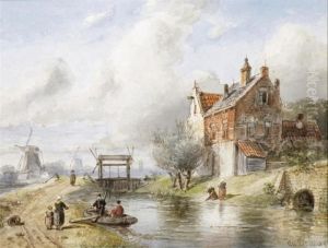 Figures Near A Lock On A Summer's Day by Charles Henri Leickert