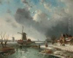 Activities On A Frozen Waterway by Charles Henri Leickert