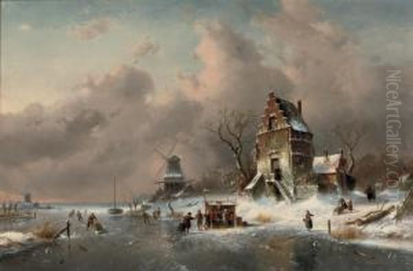 Numerous Skaters Near A Koek-en-zopie On A Frozen Waterway By Amansion - view 1
