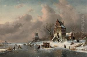 Numerous Skaters Near A Koek-en-zopie On A Frozen Waterway By Amansion