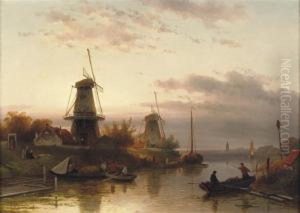 Windmills Along A River At Sunset - view 1