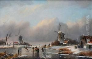 Dutch Winter Scene With Figures Skating On Afrozen Canal by Charles Henri Leickert