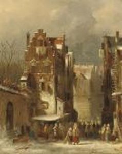 A Busy Day In A Snow-covered Town by Charles Henri Leickert