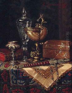 A Nautilus Cup, A Dagger, A Book And A Trinket Box On A Table by Ernst Czernotzky
