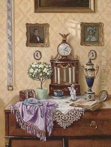 Ornaments on a dresser, in an interior; and In the libary