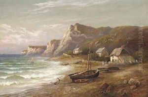 Fisherman's cottages on a coastline; and Waves breaking on a beach, a fishing village beyond