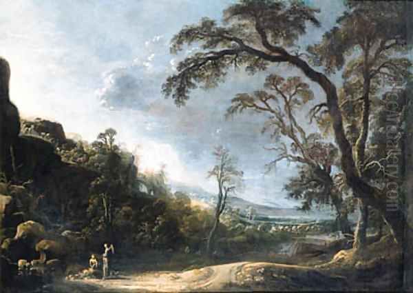 Tobias and the Angel in an extensive wooded, mountainous landscape - view 1