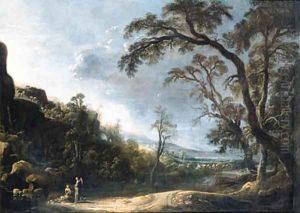 Tobias and the Angel in an extensive wooded, mountainous landscape by Joachim Govertsz. Camphuysen