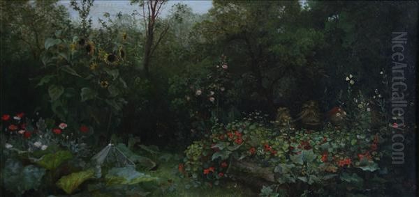 A Gardenscene With Sunflowers, Nasturtiums, Poppies, Beehives And Coldframe - view 1