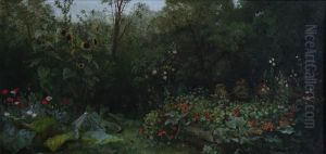 A Gardenscene With Sunflowers, Nasturtiums, Poppies, Beehives And Coldframe