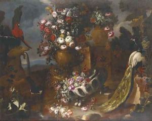 Roses, carnations, poppies, morning glory, asters and other flowers in two urns by Nicola Casissa