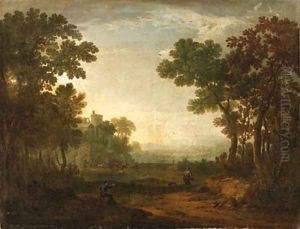 An Arcadian Landscape with Travellers and Herdsmen on a Path by Robert Carver