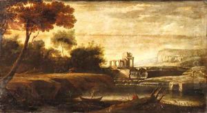 Moonlit river Landscapes with Boatmen near a Waterfall, Ruins beyond by Robert Carver