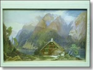 Alpine Chalets With Lake And Mountains Beyond by Richard Principal Leitch