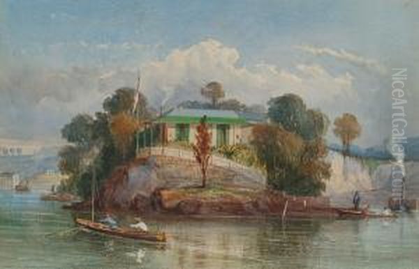 A Colonial House On A Rocky Promontory With Figures In Boats - view 1