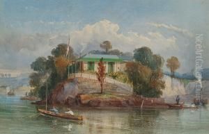 A Colonial House On A Rocky Promontory With Figures In Boats by Richard Principal Leitch