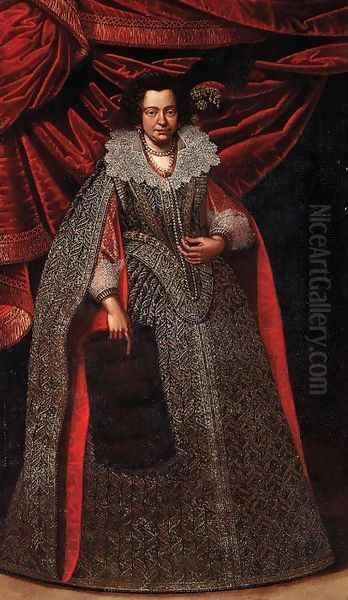 Portrait of a lady, full-length, in a gold and silver embroidered dress and with a plumed headdress, before a red curtain - view 1