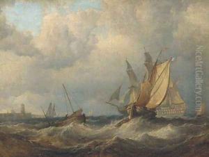 A Royal Naval two-decker backing her sails and making ready to enter port by George Chambers