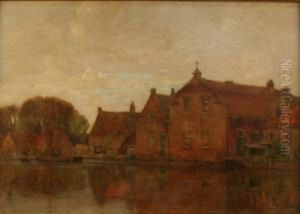 Dutch Canal View With Brick Warehouses And Farmstead Near Moored Barges