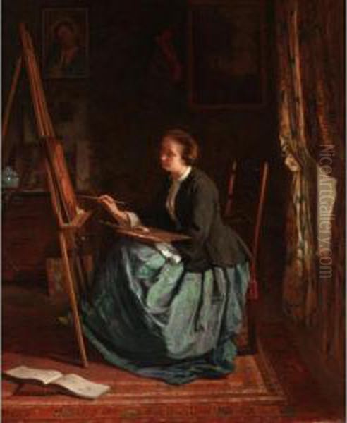 Madame Leleux, The Artist's Wife, At Her Easel - view 1