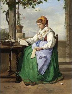 A Seamstress Reading On A Verandah In A Mountainous Landscape by Armand Hubert Simon Leleux