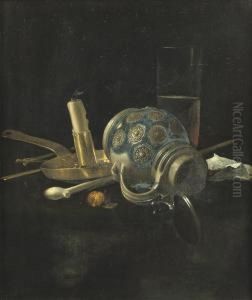 A Stoneware Jug, A Glass Of Beer, A Candlestick And A Pipe On Adraped Table by Cornelis van Lelienbergh