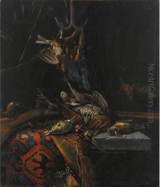 Other Properties
A Still Life With A Woodcock, A Kingfisher And Songbirds, All
On A Stone Table Draped With A Tapestry, Together With A Gun - view 1