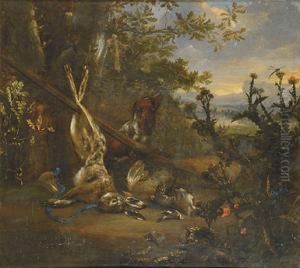 Bodegon De Caza Con Perro, Conejo Y Aves by Cornelis van Lelienbergh
