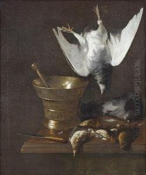 A Hanging Dove, With Dead Finches And Pigeon On A Ledge Beside A Mortar And A Knife - view 1