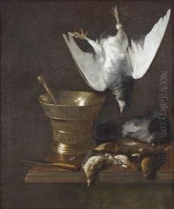 A Hanging Dove, With Dead Finches And Pigeon On A Ledge Beside A Mortar And A Knife
