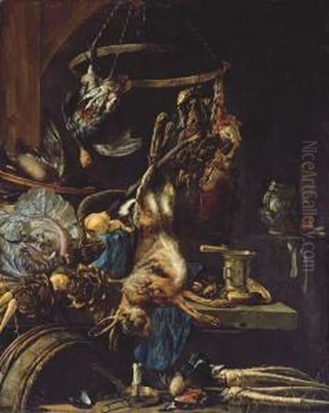 A Hare, A Duck And A Partridge 
With A Wicker Basket Of Pears, Acabbage, Parsnips, Artichokes On A Stone
 Ledge In A Kitcheninterior - view 1