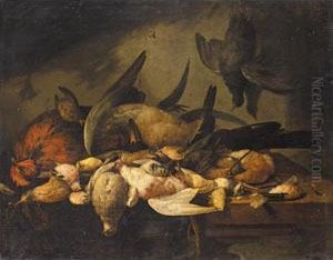 Still Life With A Cockerel, A 
Duck, A Snipe And Various Songbirds Together On A Wooden Table