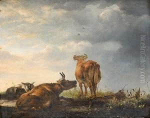 Sheep And Cattle Grazing In A Landscape by Cornelis van Lelienbergh
