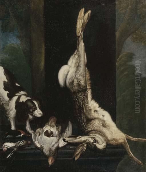 A Sporting Dog Approaching Dead Song Birds, A Pheasant And A Hareon A Stone Ledge - view 1