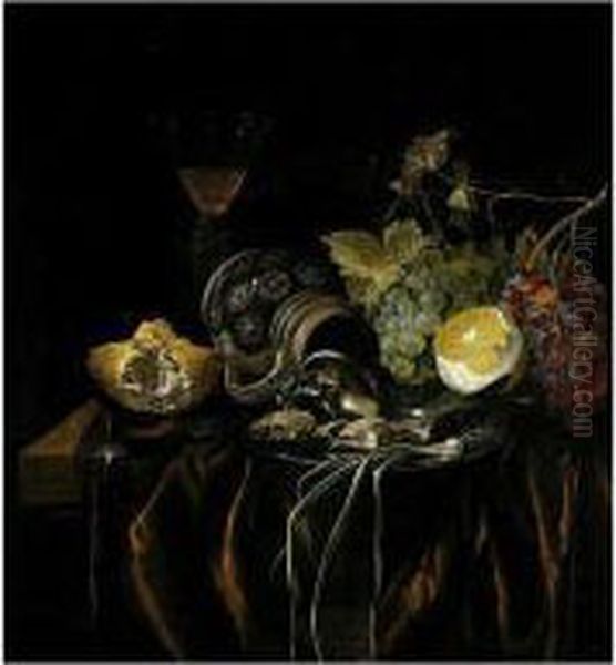 A Still Life Of A Siegburger
Kanne, Herring, And A Spring Onion On A Silver Plate, Grapes, A Peeled
Lemon, A Bread Roll And A Glass With Wine, All Upon A Table Draped With A
Red Cloth - view 1
