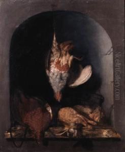 A Trompe L'oeil: A Grey
Partridge Hanging From A String On A Nailbefore A Stone Niche With Dead
Grouse, A Rabbit, Black Game And Ahunting Bag On A Marble Ledge A Trompe L'oeil: A Grey
Partridge Hanging From A String On A Nailbefore A Stone Niche With Dead
Grouse, A Rabbit, Black Game And Ahunting Bag On A Marble Ledge
